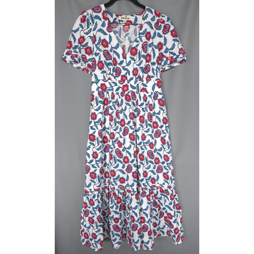 BODEN Women's Maxi Dress 4L White Floral Tiered 100% Linen V-Neck D0849